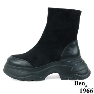 Ben&1966高級彈力布拼接牛皮運動風休閒短靴-黑(237081)