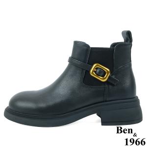 Ben&1966高級頭層牛皮側金屬方釦踝靴-黑(237051)