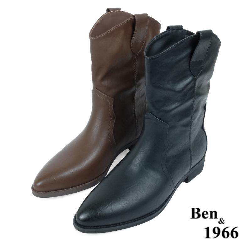 Ben&1966高級超纖皮革v口西部短靴-黑(237161)