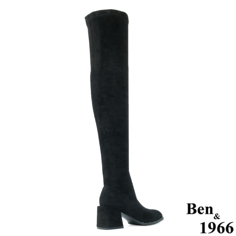 Ben&1966高級彈力絨布氣質邊鑽方頭膝上長靴-黑(237121)