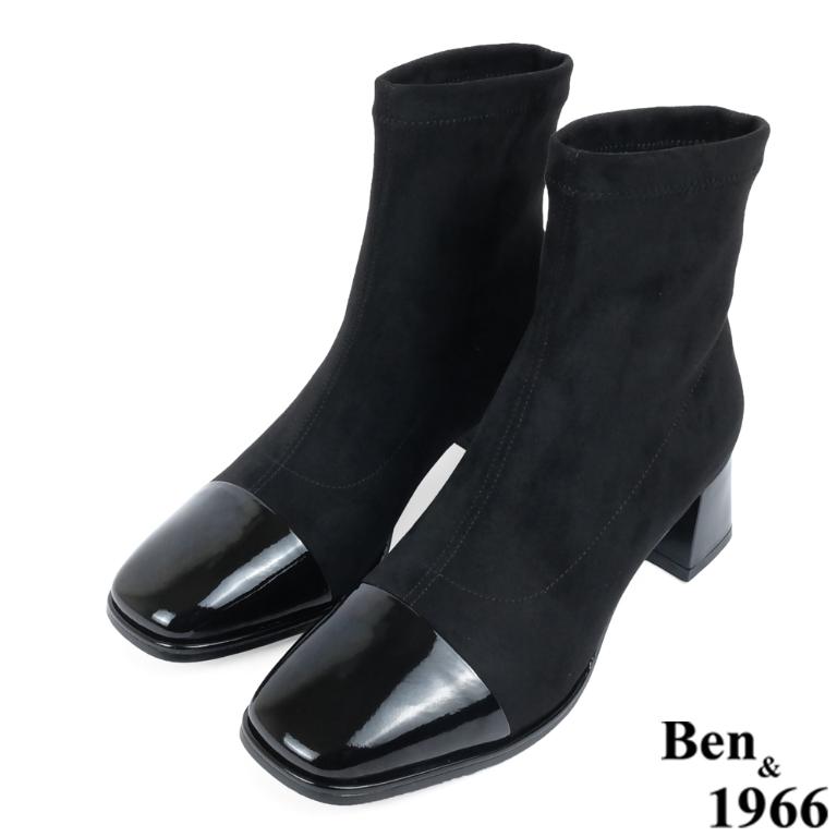 Ben&1966高級彈力布拼接牛漆皮時尚短靴-黑(237141)