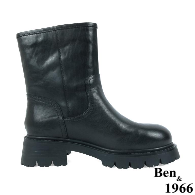 Ben&1966高級頭層牛皮個性寬筒中性短靴-黑(237191)
