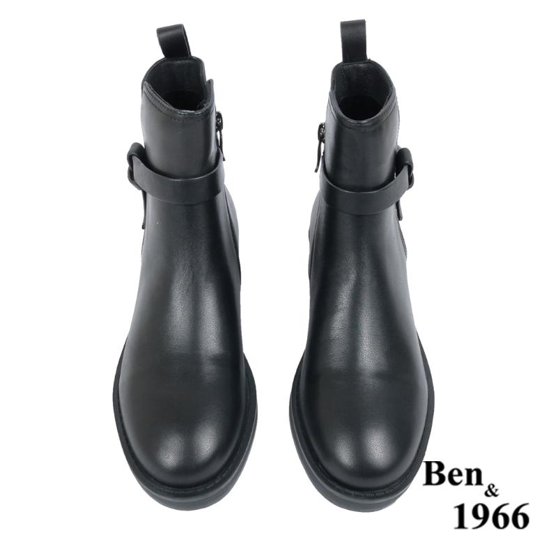 Ben&1966高級頭層牛皮交叉側帶素面踝靴-黑(237131)