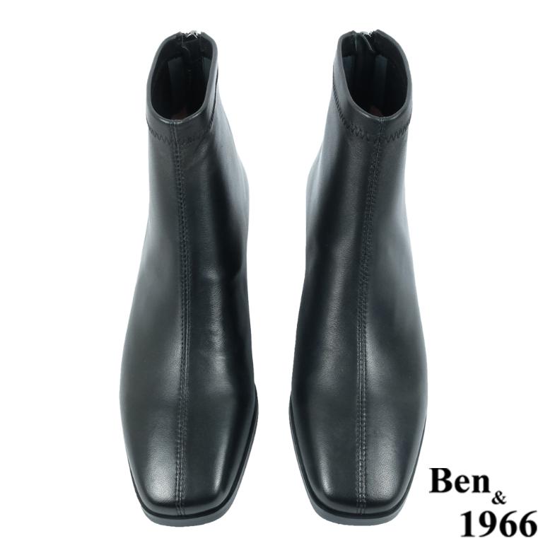 Ben&1966高級羊皮氣質方頭亮面粗跟踝靴-黑(237171)