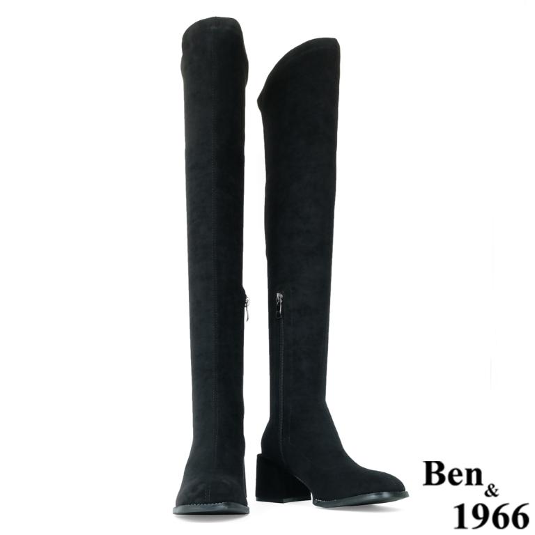 Ben&1966高級彈力絨布氣質邊鑽方頭膝上長靴-黑(237121)