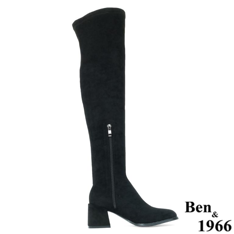 Ben&1966高級彈力絨布氣質邊鑽方頭膝上長靴-黑(237121)