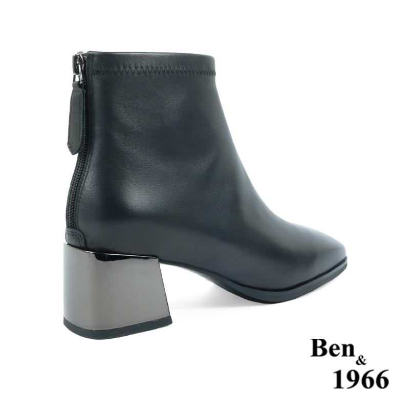 Ben&1966高級羊皮氣質方頭亮面粗跟踝靴-黑(237171)