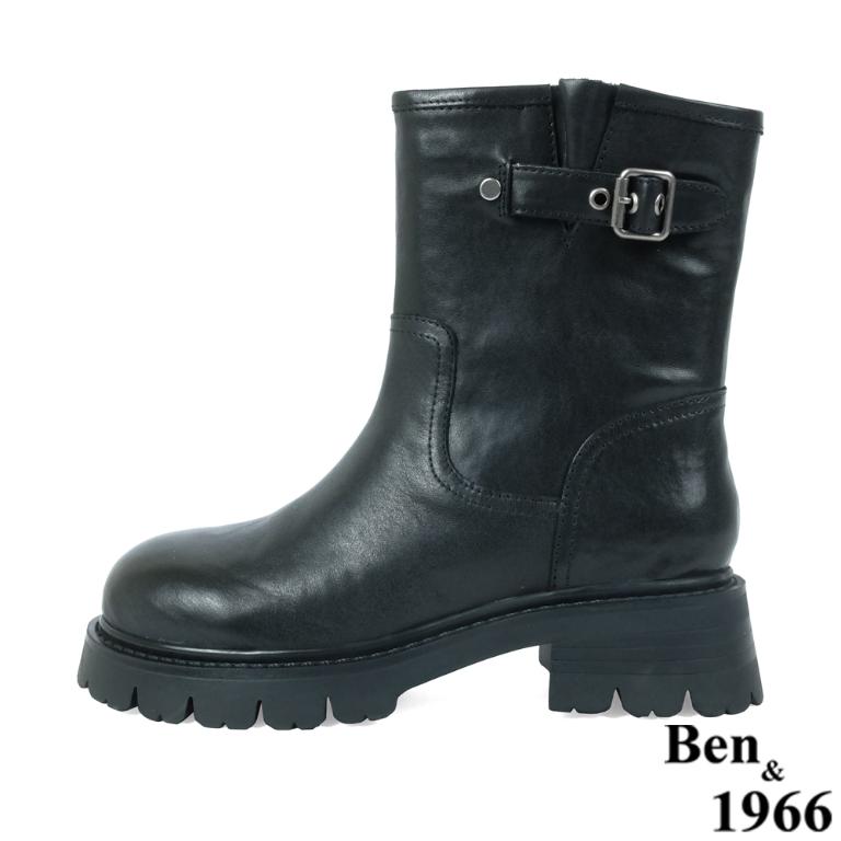 Ben&1966高級頭層牛皮個性寬筒中性短靴-黑(237191)