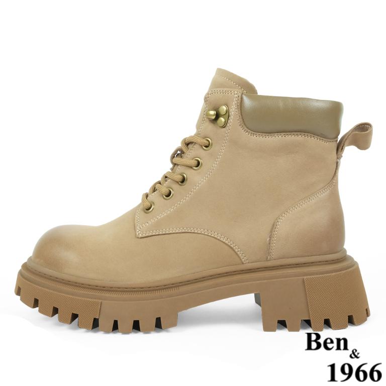 Ben&1966高級磨砂羊皮綁帶個性踝靴-卡其(237202)
