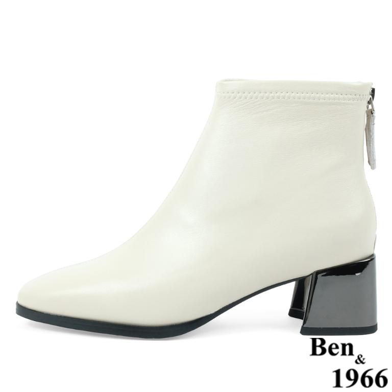Ben&1966高級羊皮氣質方頭亮面粗跟踝靴-米白(237172)