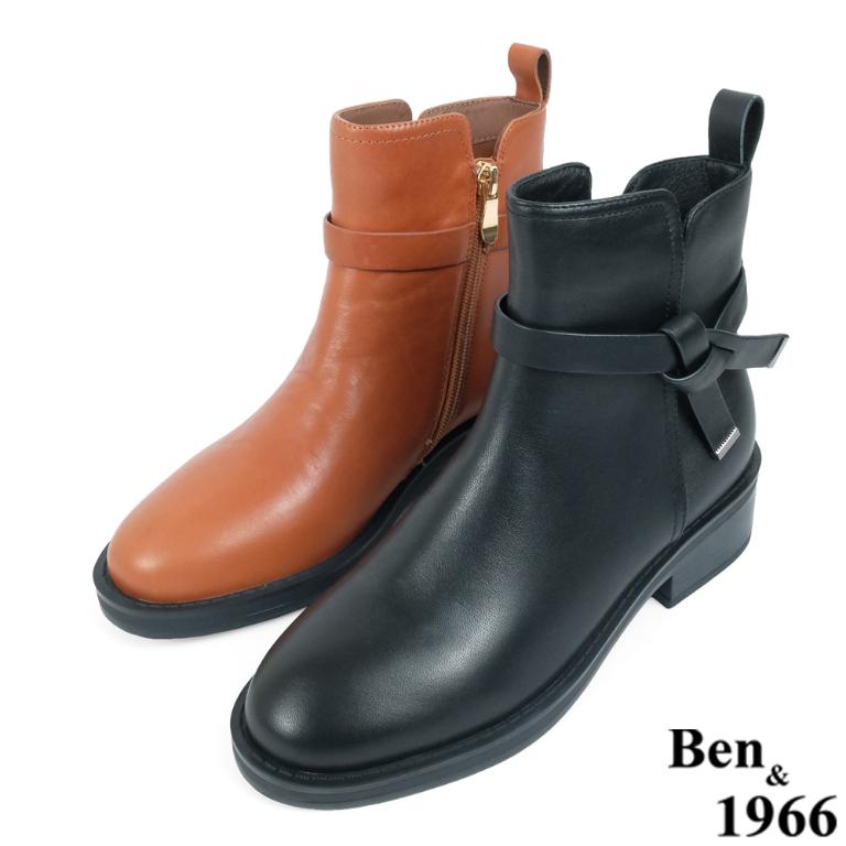 Ben&1966高級頭層牛皮交叉側帶素面踝靴-焦糖橘(237132)