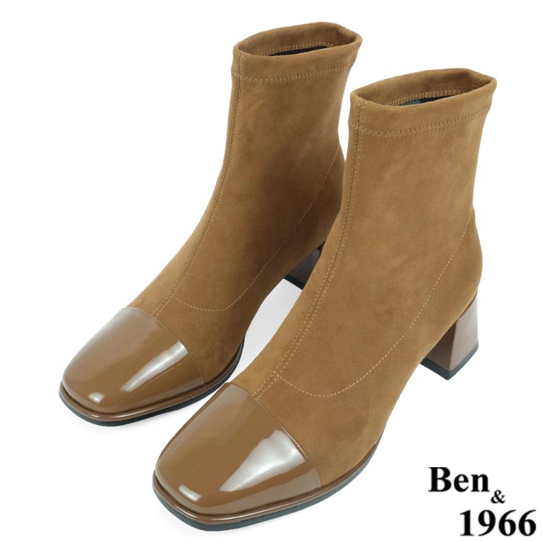 Ben&1966高級彈力布拼接牛漆皮時尚短靴-淺咖(237142)
