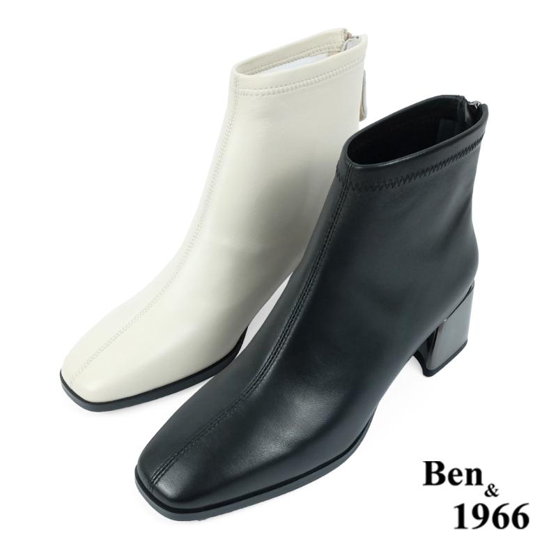 Ben&1966高級羊皮氣質方頭亮面粗跟踝靴-黑(237171)