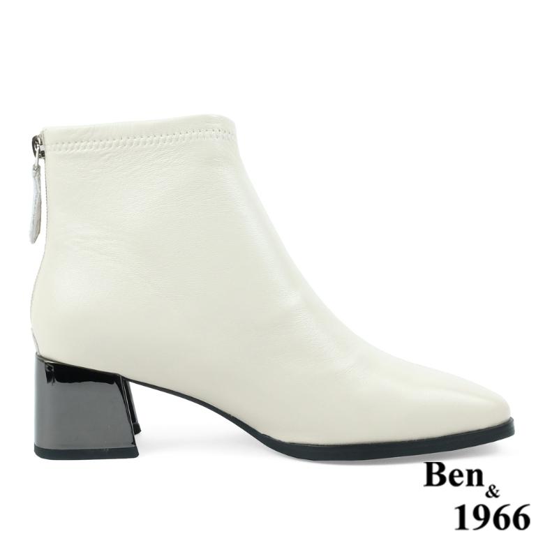 Ben&1966高級羊皮氣質方頭亮面粗跟踝靴-米白(237172)