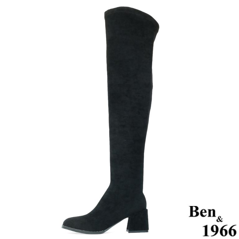 Ben&1966高級彈力絨布氣質邊鑽方頭膝上長靴-黑(237121)