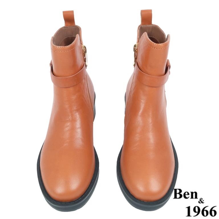 Ben&1966高級頭層牛皮交叉側帶素面踝靴-焦糖橘(237132)