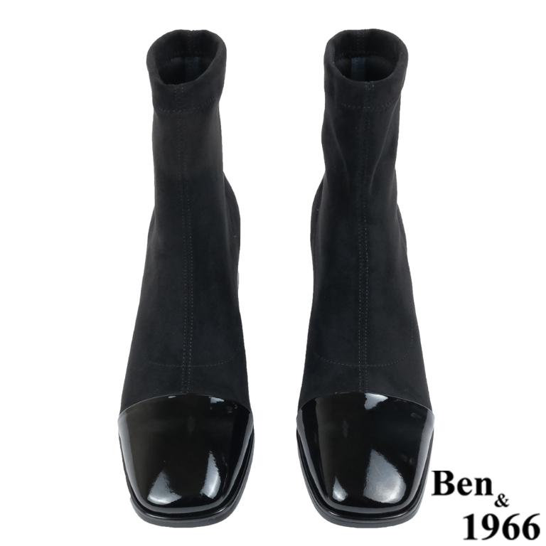 Ben&1966高級彈力布拼接牛漆皮時尚短靴-黑(237141)