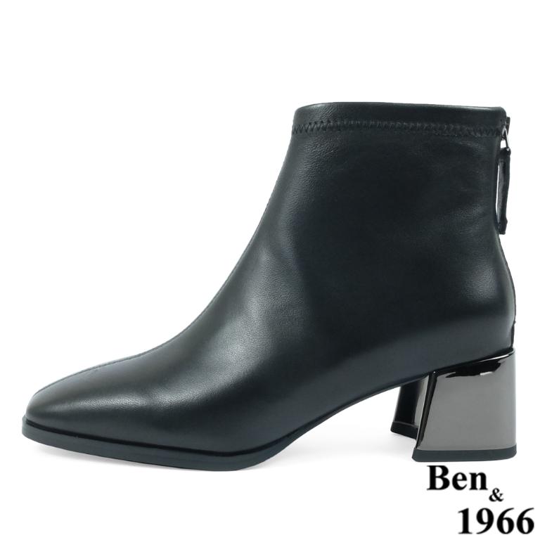 Ben&1966高級羊皮氣質方頭亮面粗跟踝靴-黑(237171)