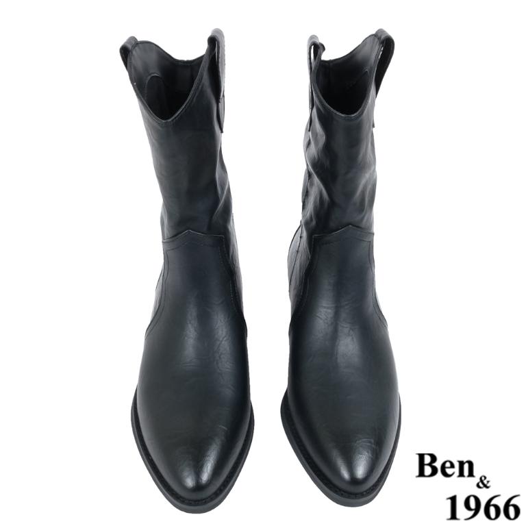 Ben&1966高級超纖皮革v口西部短靴-黑(237161)