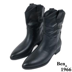 Ben&1966高級超纖皮革v口西部短靴-黑(237161)