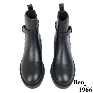 Ben&1966高級頭層牛皮交叉側帶素面踝靴-黑(237131)