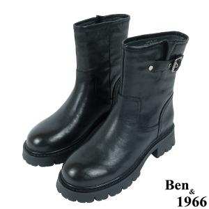 Ben&1966高級頭層牛皮個性寬筒中性短靴-黑(237191)