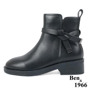 Ben&1966高級頭層牛皮交叉側帶素面踝靴-黑(237131)