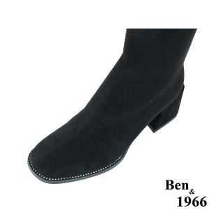 Ben&1966高級彈力絨布氣質邊鑽方頭膝上長靴-黑(237121)