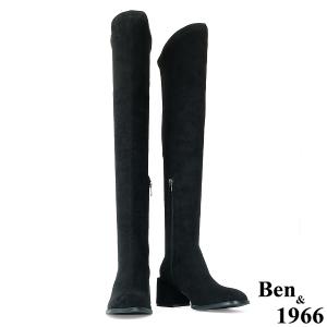 Ben&1966高級彈力絨布氣質邊鑽方頭膝上長靴-黑(237121)
