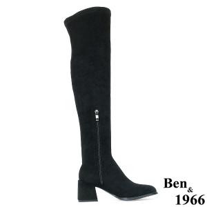 Ben&1966高級彈力絨布氣質邊鑽方頭膝上長靴-黑(237121)