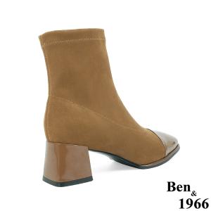 Ben&1966高級彈力布拼接牛漆皮時尚短靴-淺咖(237142)