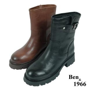 Ben&1966高級頭層牛皮個性寬筒中性短靴-黑(237191)