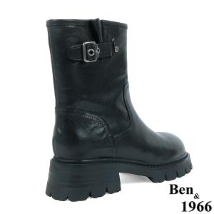 Ben&1966高級頭層牛皮個性寬筒中性短靴-黑(237191)