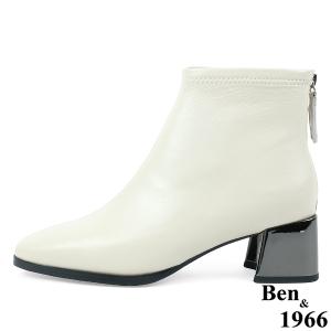 Ben&1966高級羊皮氣質方頭亮面粗跟踝靴-米白(237172)
