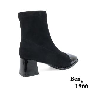 Ben&1966高級彈力布拼接牛漆皮時尚短靴-黑(237141)