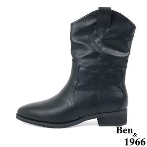 Ben&1966高級超纖皮革v口西部短靴-黑(237161)