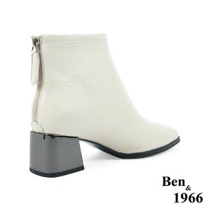 Ben&1966高級羊皮氣質方頭亮面粗跟踝靴-米白(237172)