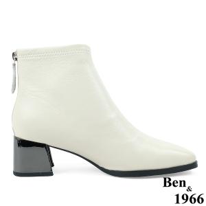 Ben&1966高級羊皮氣質方頭亮面粗跟踝靴-米白(237172)