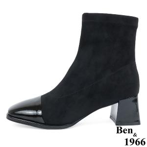 Ben&1966高級彈力布拼接牛漆皮時尚短靴-黑(237141)