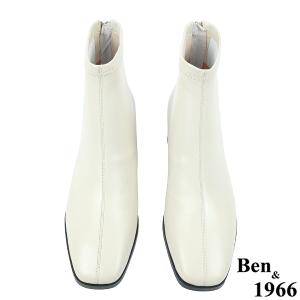 Ben&1966高級羊皮氣質方頭亮面粗跟踝靴-米白(237172)