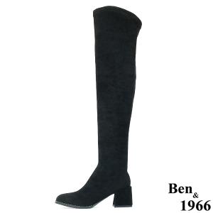 Ben&1966高級彈力絨布氣質邊鑽方頭膝上長靴-黑(237121)