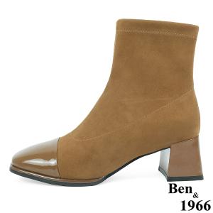 Ben&1966高級彈力布拼接牛漆皮時尚短靴-淺咖(237142)