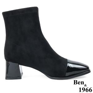 Ben&1966高級彈力布拼接牛漆皮時尚短靴-黑(237141)