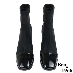 Ben&1966高級彈力布拼接牛漆皮時尚短靴-黑(237141)