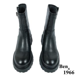 Ben&1966高級頭層牛皮個性寬筒中性短靴-黑(237191)