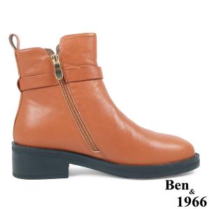 Ben&1966高級頭層牛皮交叉側帶素面踝靴-焦糖橘(237132)