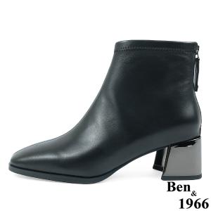 Ben&1966高級羊皮氣質方頭亮面粗跟踝靴-黑(237171)