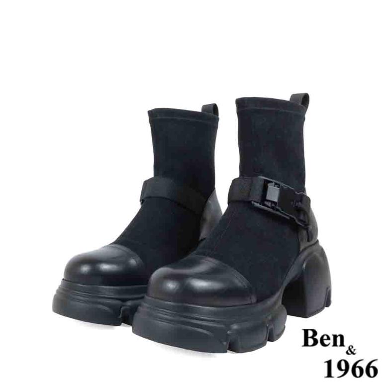 Ben&1966高級彈力牛仔布拼接牛皮磁吸側釦休閒短靴-黑(237211)