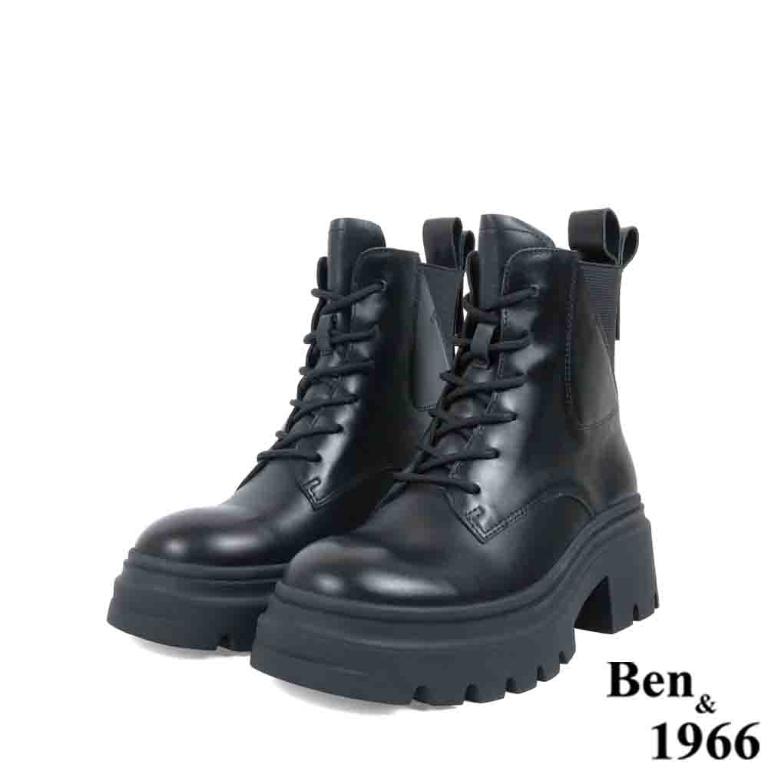 Ben&1966高級頭層牛皮個性綁帶短靴-黑(237251)