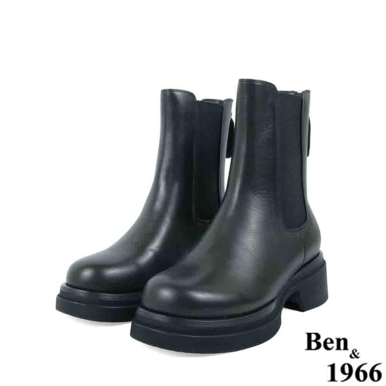 Ben&1966高級頭層牛皮素面質感短靴-黑(237221)
